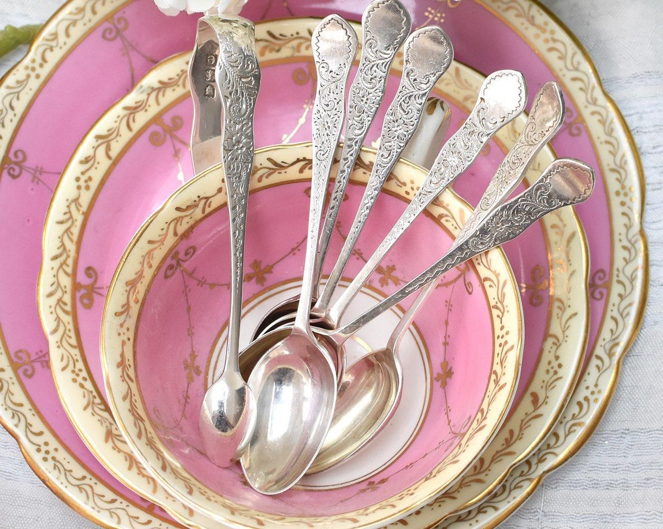 英国アンティーク銀器【純銀】白蝶貝カトラリー6組＆ティースプーン