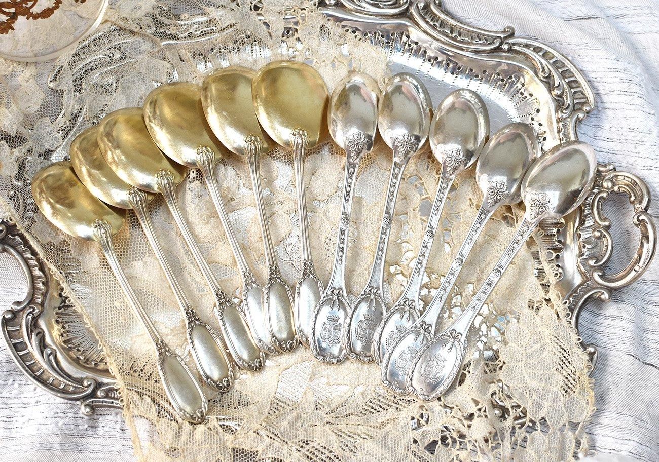 仏アンティーク銀器【銀950】リボンのティースプーン5本 Andre Arcoc