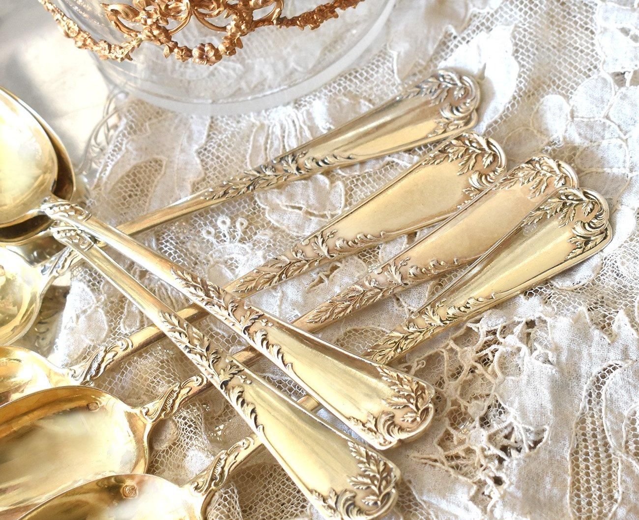 仏アンティーク銀器【銀800】ゴールド ティースプーン Puiforcat 4本