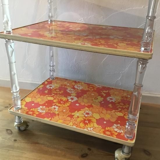 昭和レトロな花柄キッチンワゴン キャスター付き