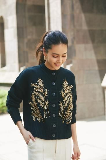 20％off】ウィート刺繍カーディガン(ブラック) - seventen