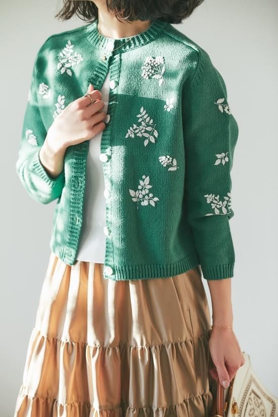 フラワー手刺繍カーディガン(グリーン) - seventen