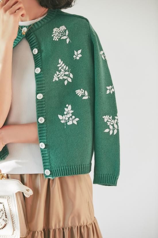 フラワー手刺繍カーディガン(グリーン) - seventen