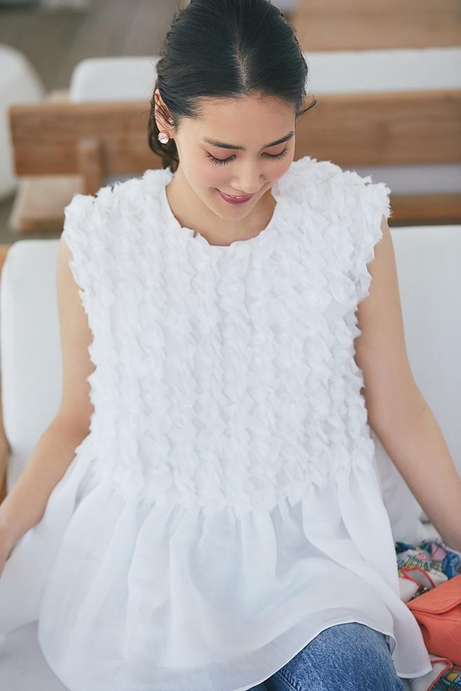 ソフトオーガンジーフリルトップス(ホワイト) - seventen