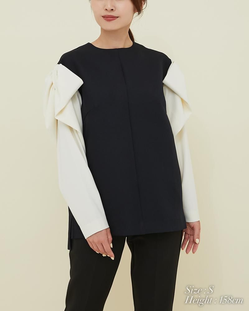 リボンドレープトップス(ブラック×オフホワイト) - seventen