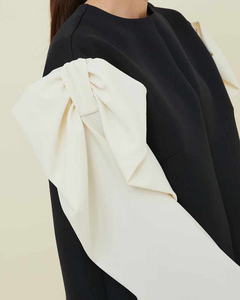 リボンドレープトップス(ブラック×オフホワイト) - seventen