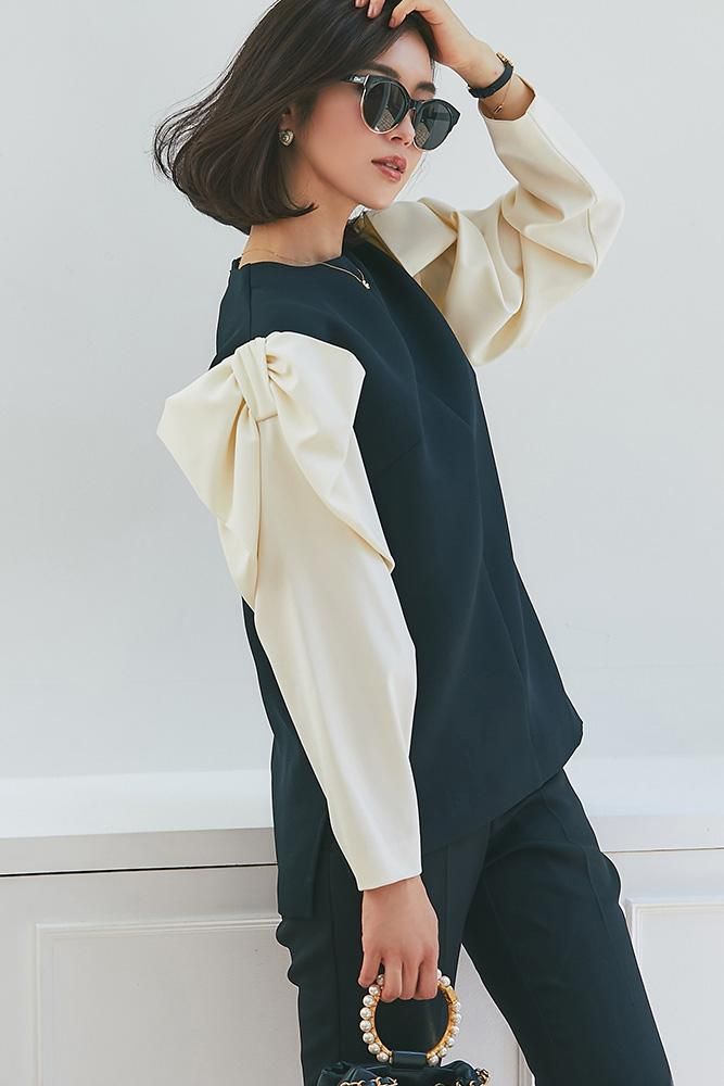 リボンドレープトップス(ブラック×オフホワイト) - seventen