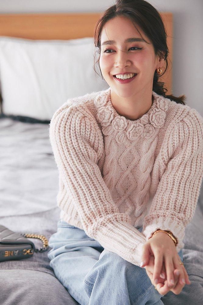 クロシェフラワーケーブルニット(ライトピンク) - seventen