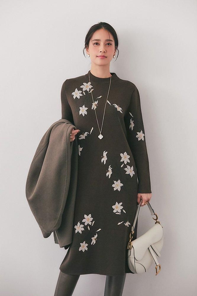 リリーラメジャガードニットワンピース(ブラウン) - seventen