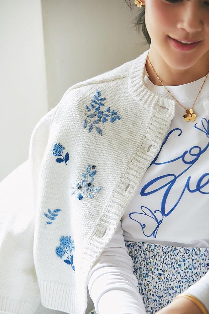 フラワー手刺繍カーディガン(ブルー) - seventen