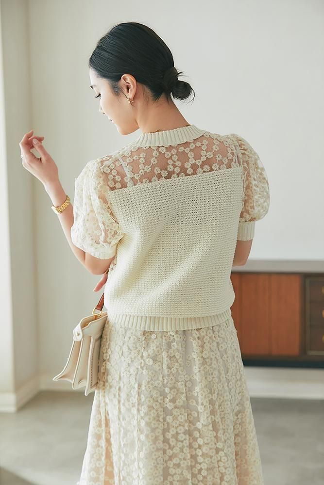 オーガンジーレースニット(クリーム) - seventen