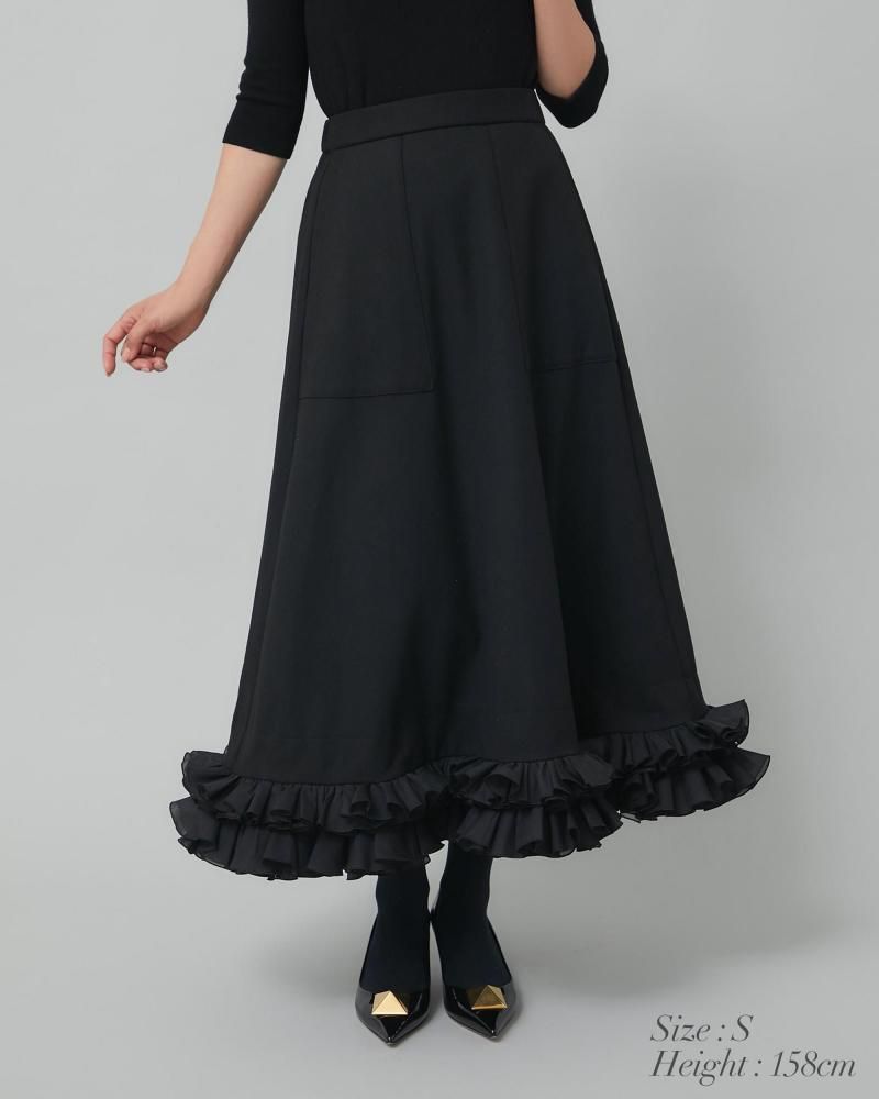 フリルトリムスカート(ブラック×オフホワイト) - seventen