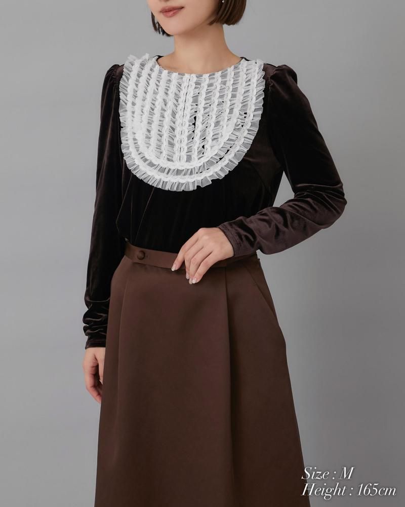 チュールフリルベロアトップス(ブラウン) - seventen
