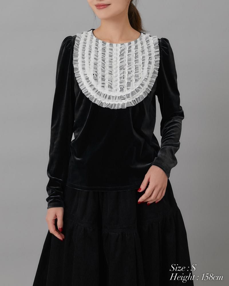 チュールフリルベロアトップス(ブラウン) - seventen