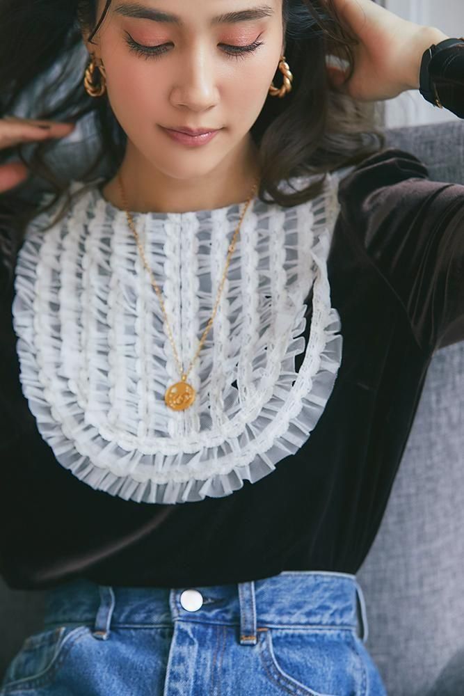 チュールフリルベロアトップス(ブラウン) - seventen