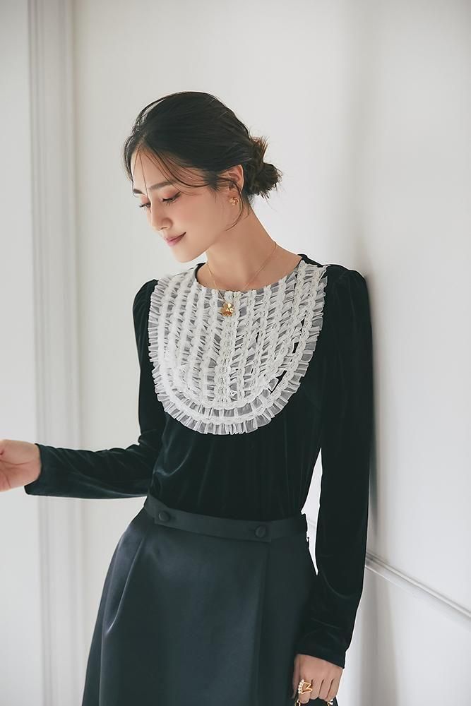 チュールフリルベロアトップス(ブラック) - seventen