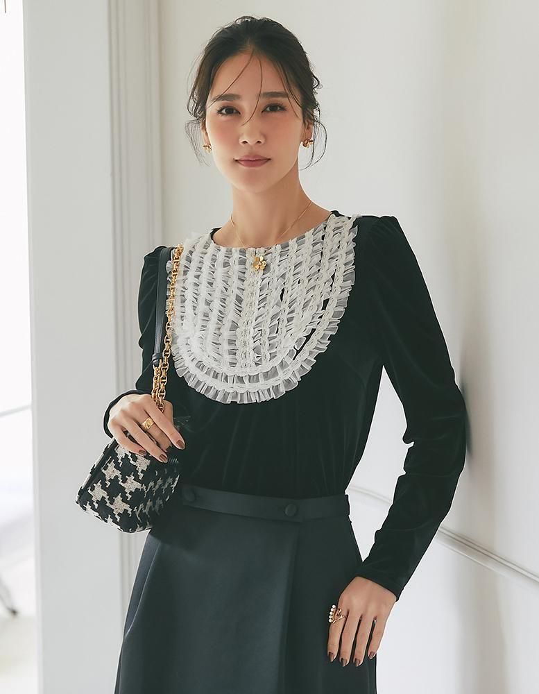 チュールフリルベロアトップス(ブラック) - seventen