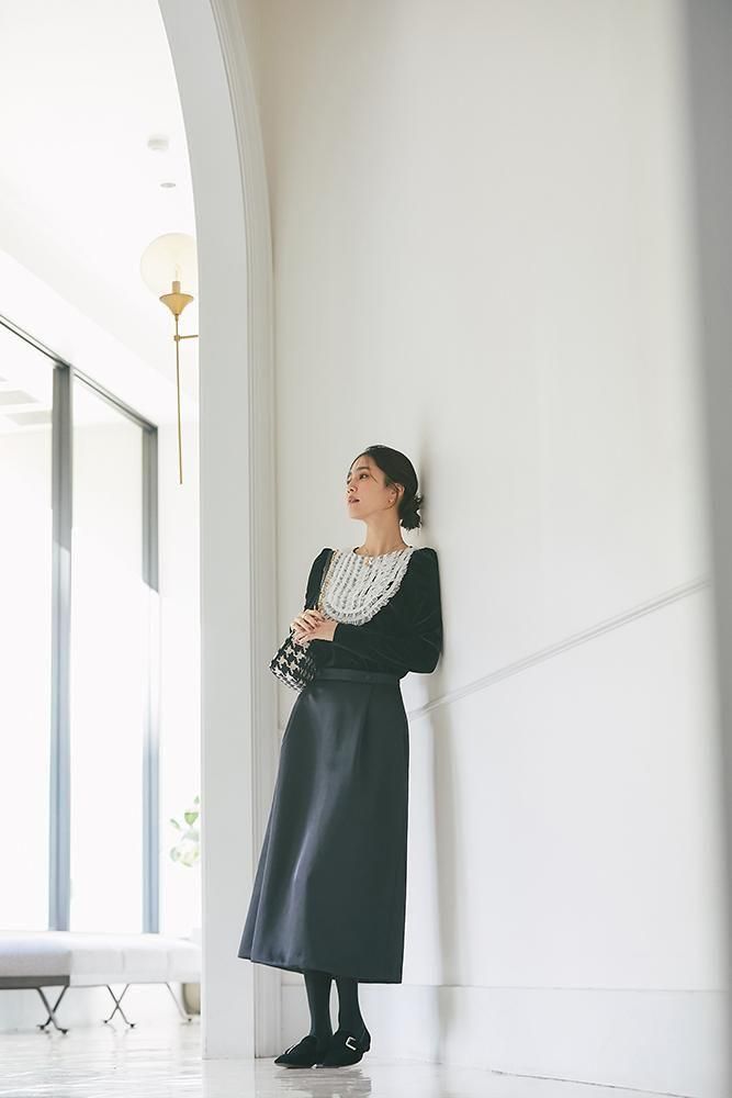 チュールフリルベロアトップス(ブラック) - seventen