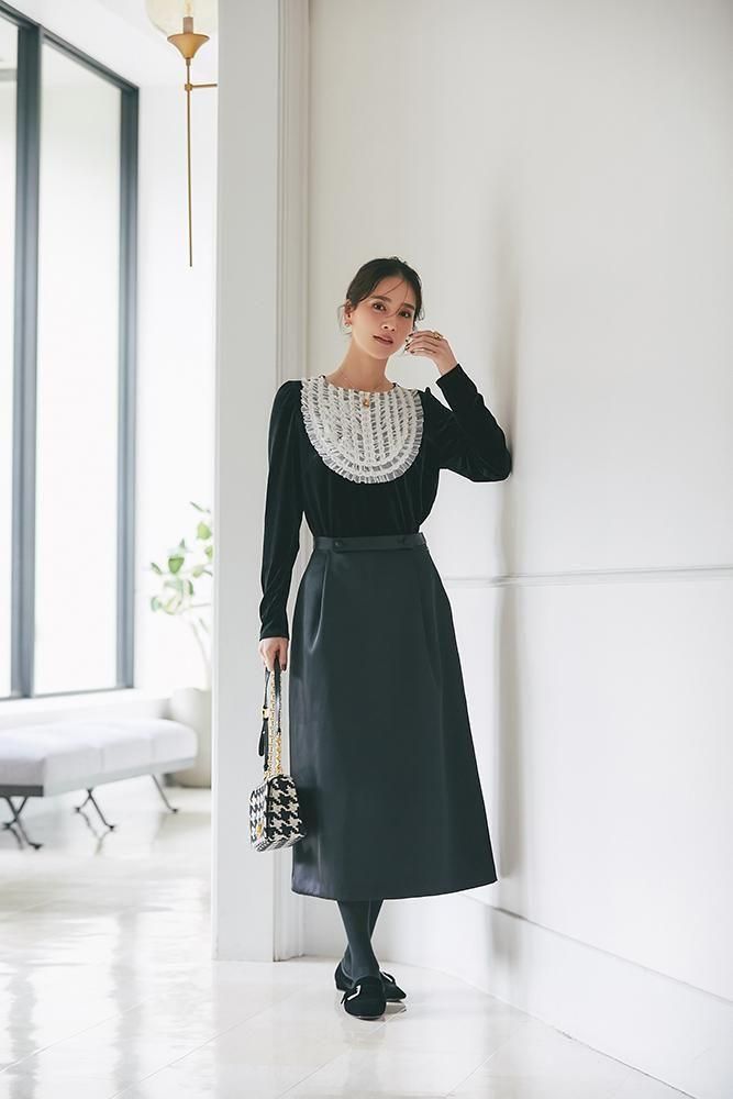 チュールフリルベロアトップス(ブラック) - seventen