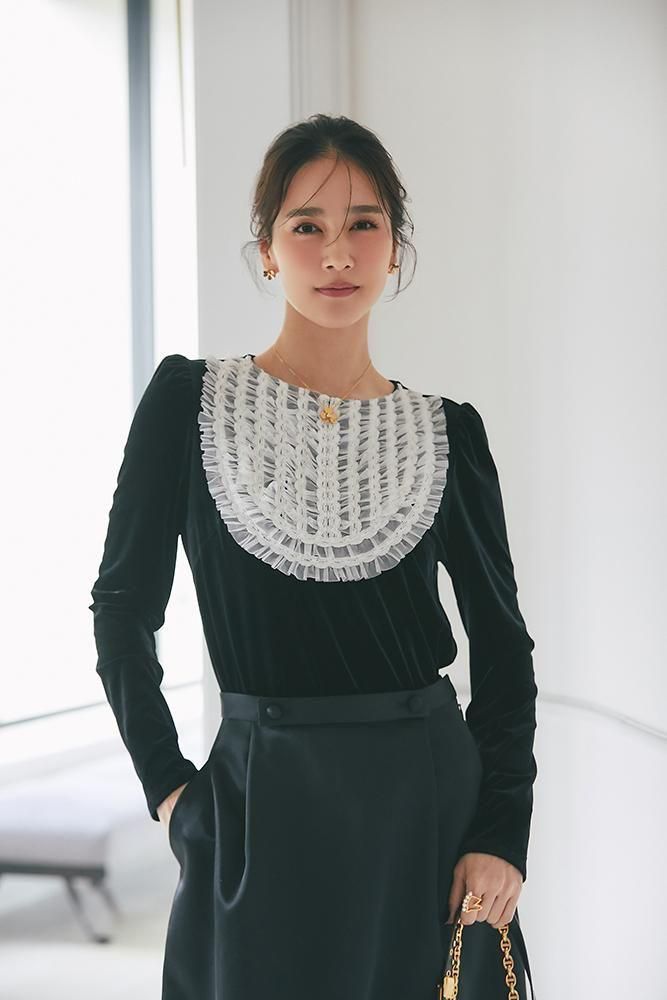 チュールフリルベロアトップス(ブラック) - seventen