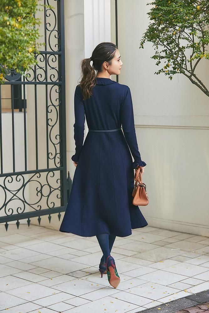 フリル襟ニットワンピース(ネイビー) - seventen