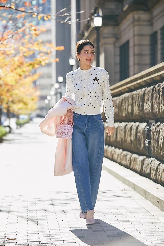 ワンポイント刺繍ドットカーディガン(オフホワイト×ブラックドット