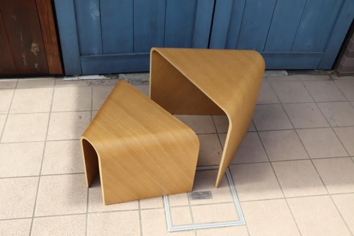 稀少なMUJI(無印良品)の重なるテーブルベンチ・成型合板・オーク材2点