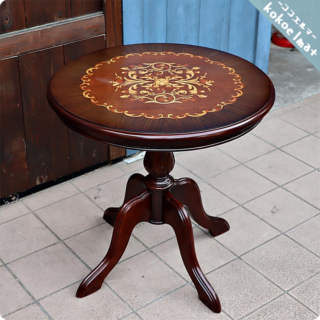 アンティーク調 サイドテーブル 花台 象嵌 天然木 クラシック 丸