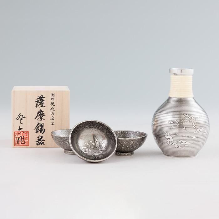 錫 酒器セット 鶴 盃3ヶ 黒漆加工 200ml [No.63-2]｜薩摩錫器工芸館