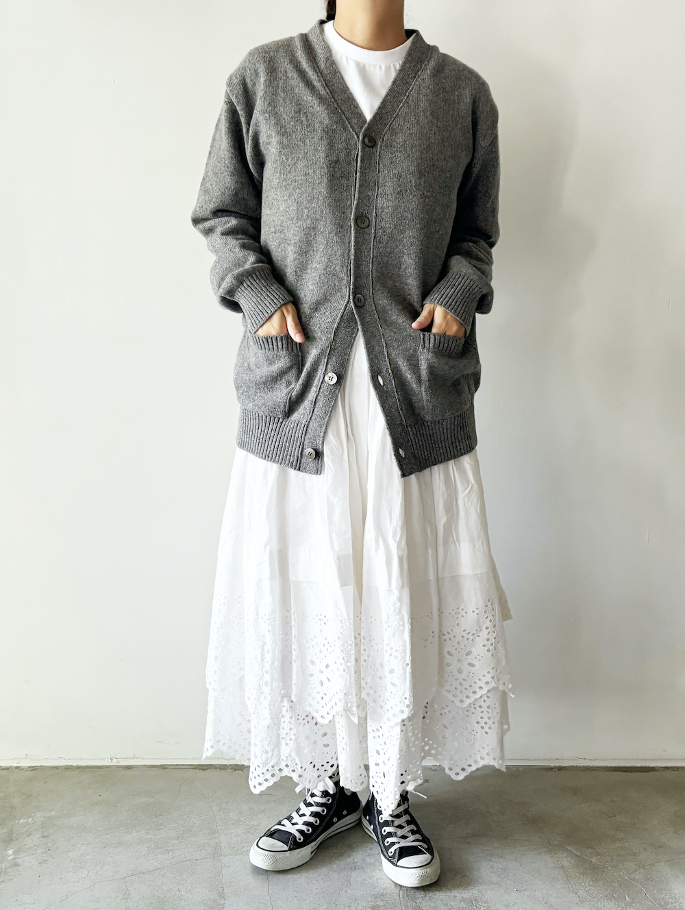 middleミドル〉ウール5Bカーディガン/グレー