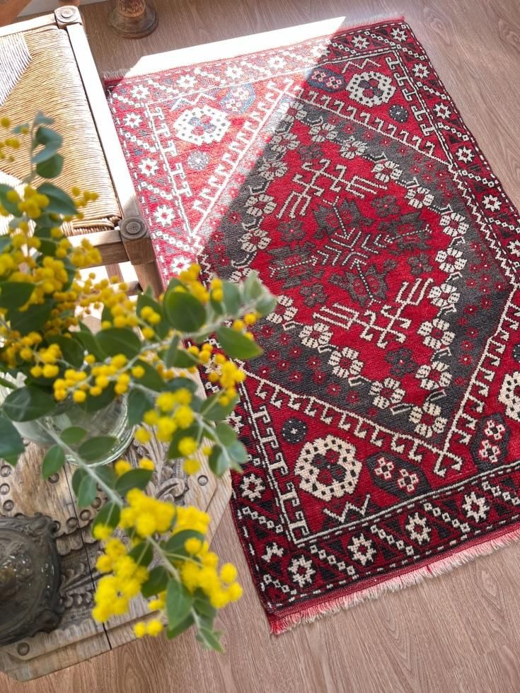 104×200 キナリ×ボルドー薔薇の街トルコヴィンテージラグ