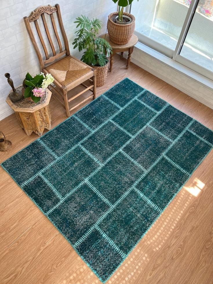 109×198 オーバーダイ グリーンワンカラー トルコヴィンテージラグ 109