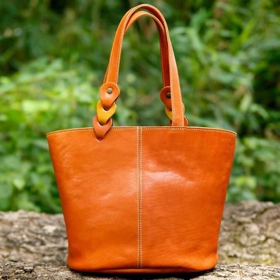 さりげないツートンカラーのヌメ革ミニトートバッグ オレンジ×イエロー