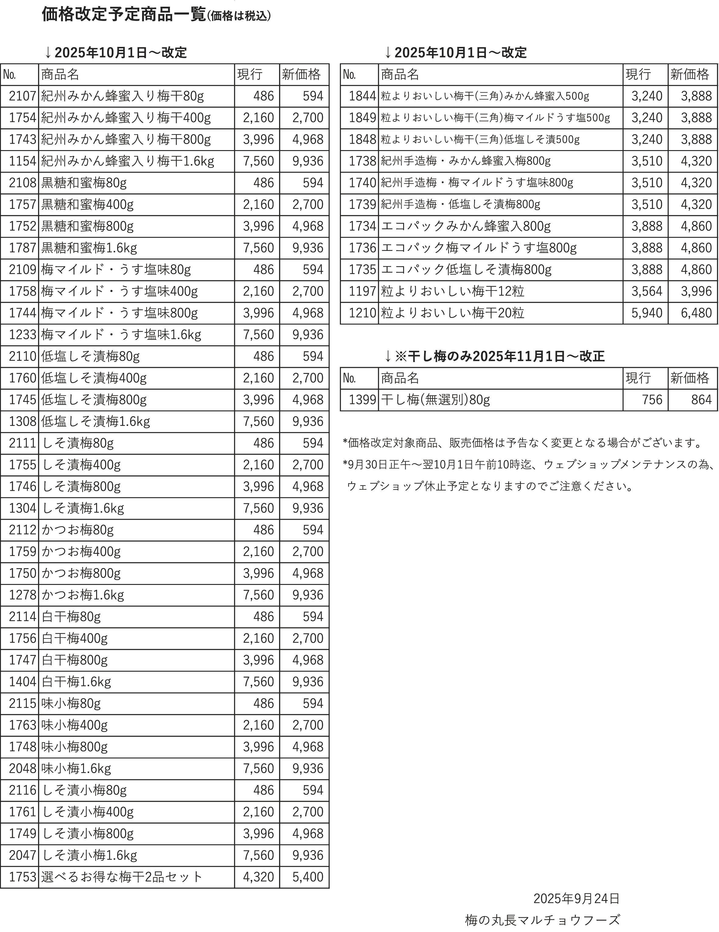 梅干し製品の価格改定のご案内(2025/09/24) - マルチョウフーズ