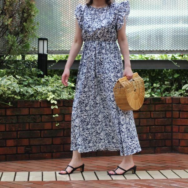 ロングワンピース 花柄 ワンピース フリルスリーブ ノースリーブ
