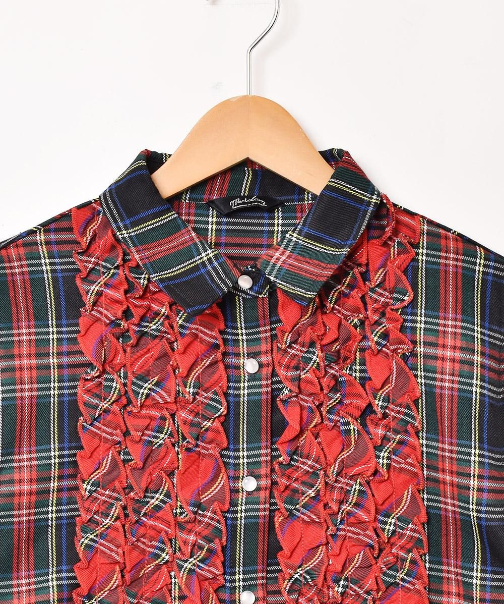 2色展開】「Meridian」チェック柄 長袖 フリルシャツ ネイビー - 古着