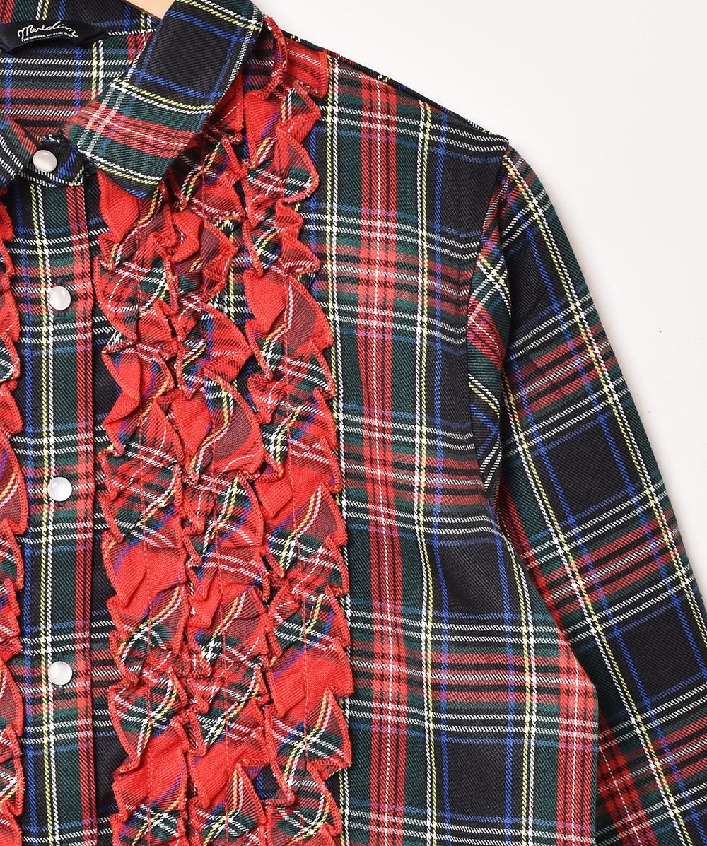 2色展開】「Meridian」チェック柄 長袖 フリルシャツ ネイビー - 古着