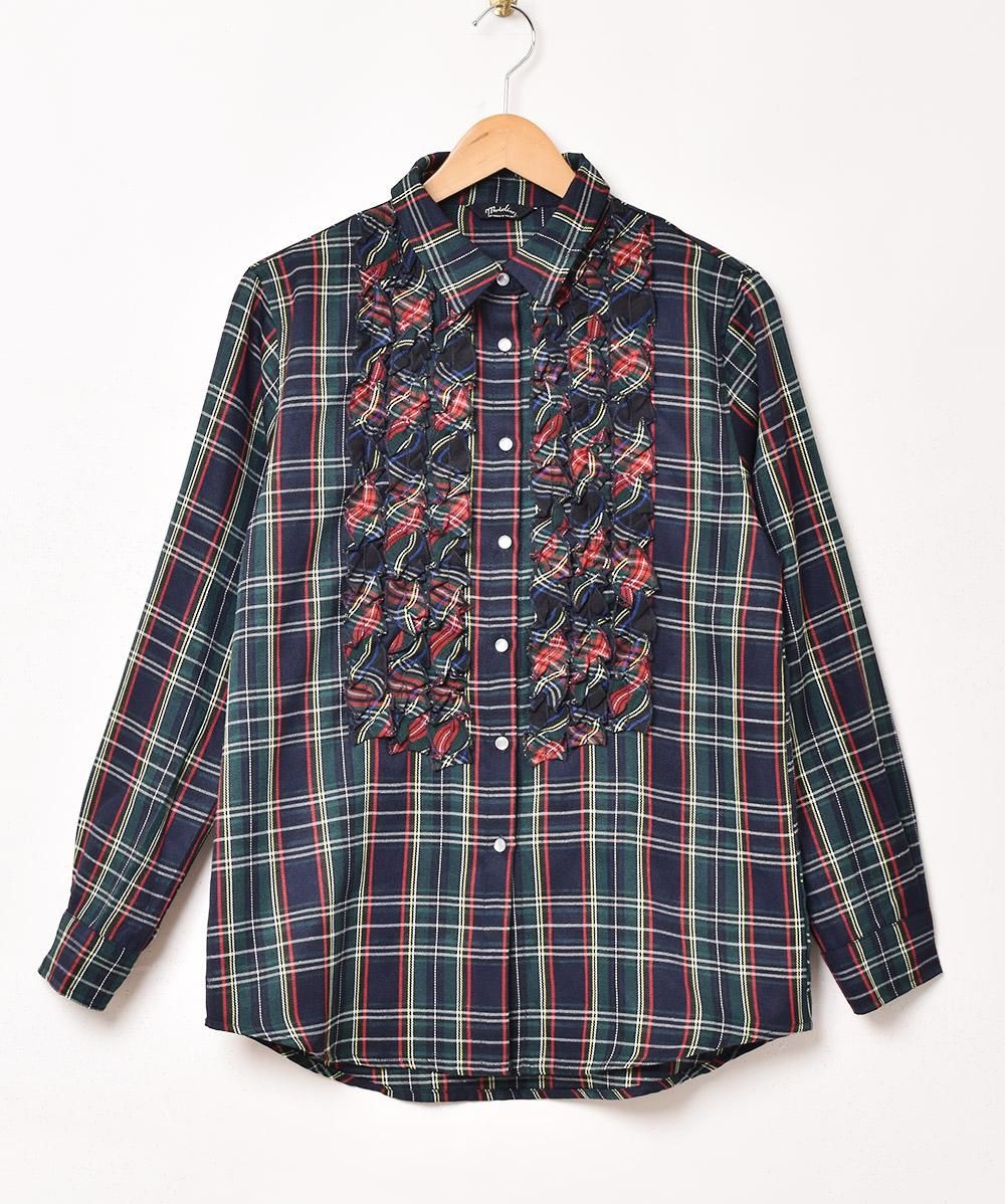 2色展開】「Meridian」チェック柄 長袖 フリルシャツ ネイビー - 古着