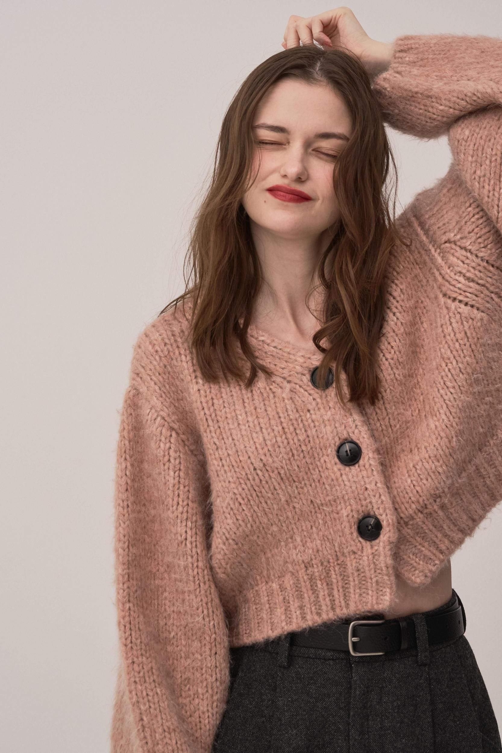 シャギーMIXニットカーディガン（PINK） - PINUE