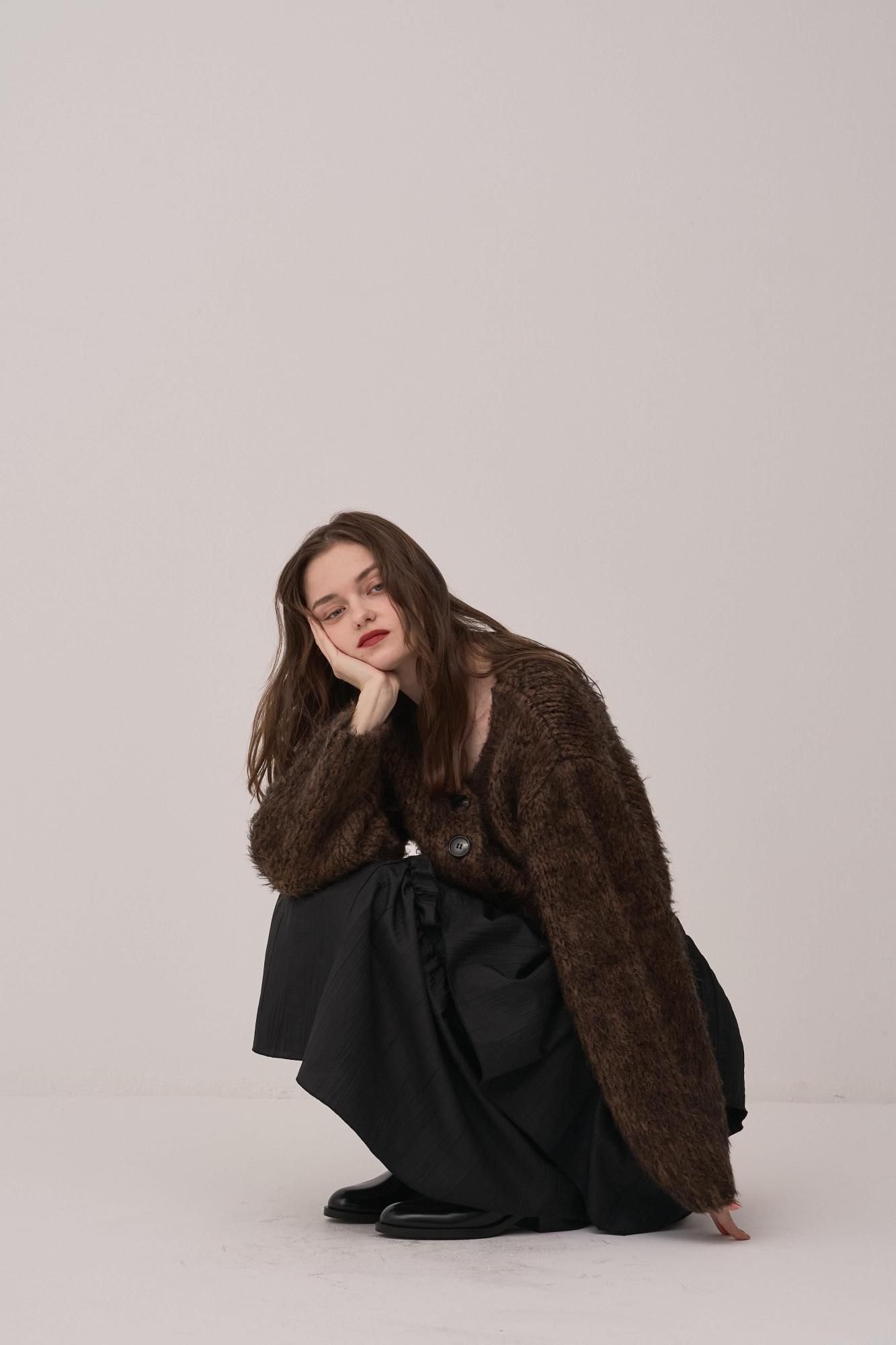 シャギーMIXニットカーディガン（BROWN） - PINUE