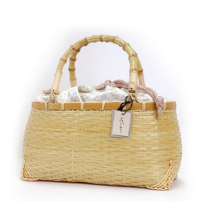 巾着付き カゴバッグ 浴衣 夏着物 2Way ナチュラル ブルー 夏 和洋