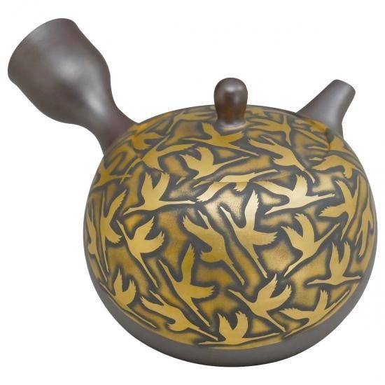 萬古焼 伝統工芸士】醉月作 金彩鶴文 急須(木箱入) - スズ木