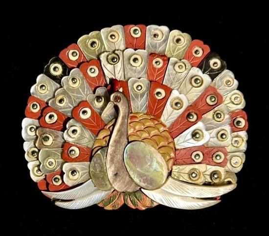 孔雀図 本鼈甲 芝山細工 帯留」 - 正尚堂