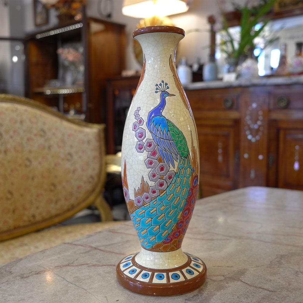 フランスアールデコ装飾置物】Longwy① フラワーベース 縦長花瓶