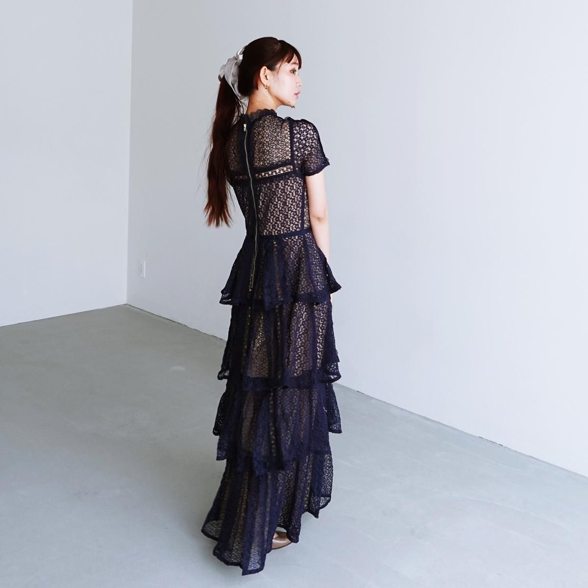 ドレス ティアードドレス Iライン レース 透け感 クールネック ハイ