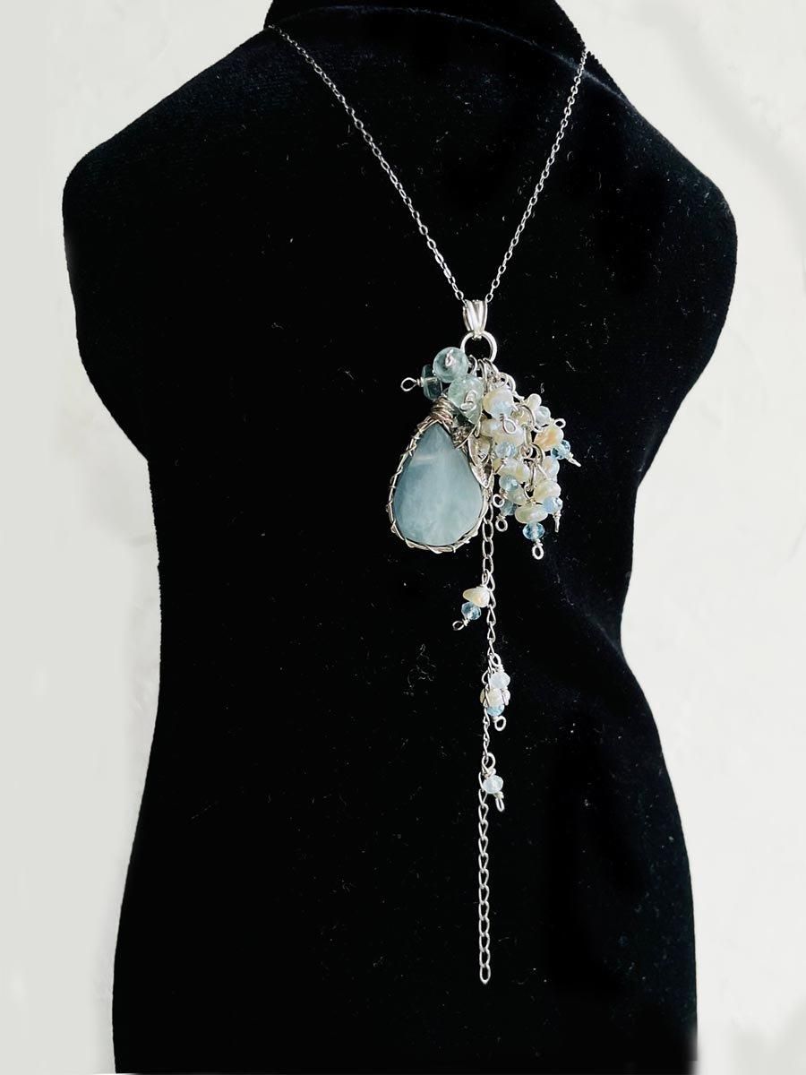 大粒 アクアマリン 天然石 ペンダント トップ チェーン ネックレス