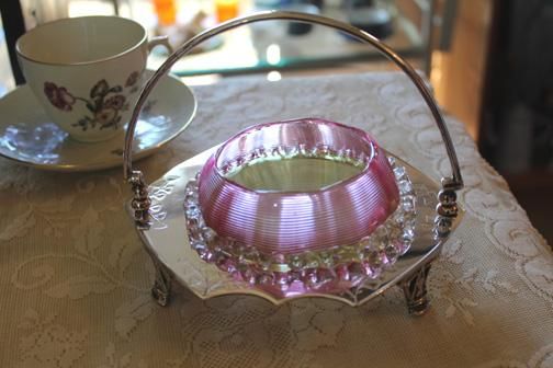 アンティーク バター ジャムディッシュ スレッドガラス シルバープレート