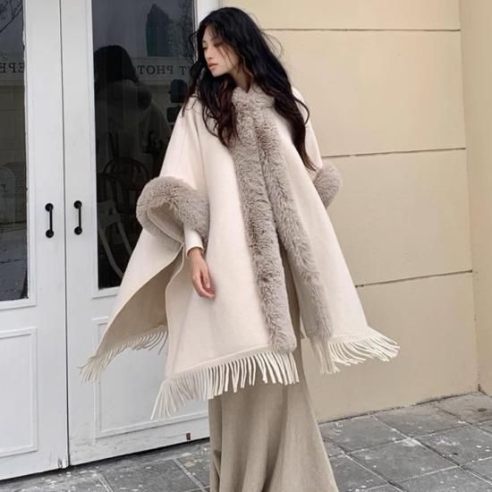 ケープコート レディース マント ショール ファー付き フード ポンチョ