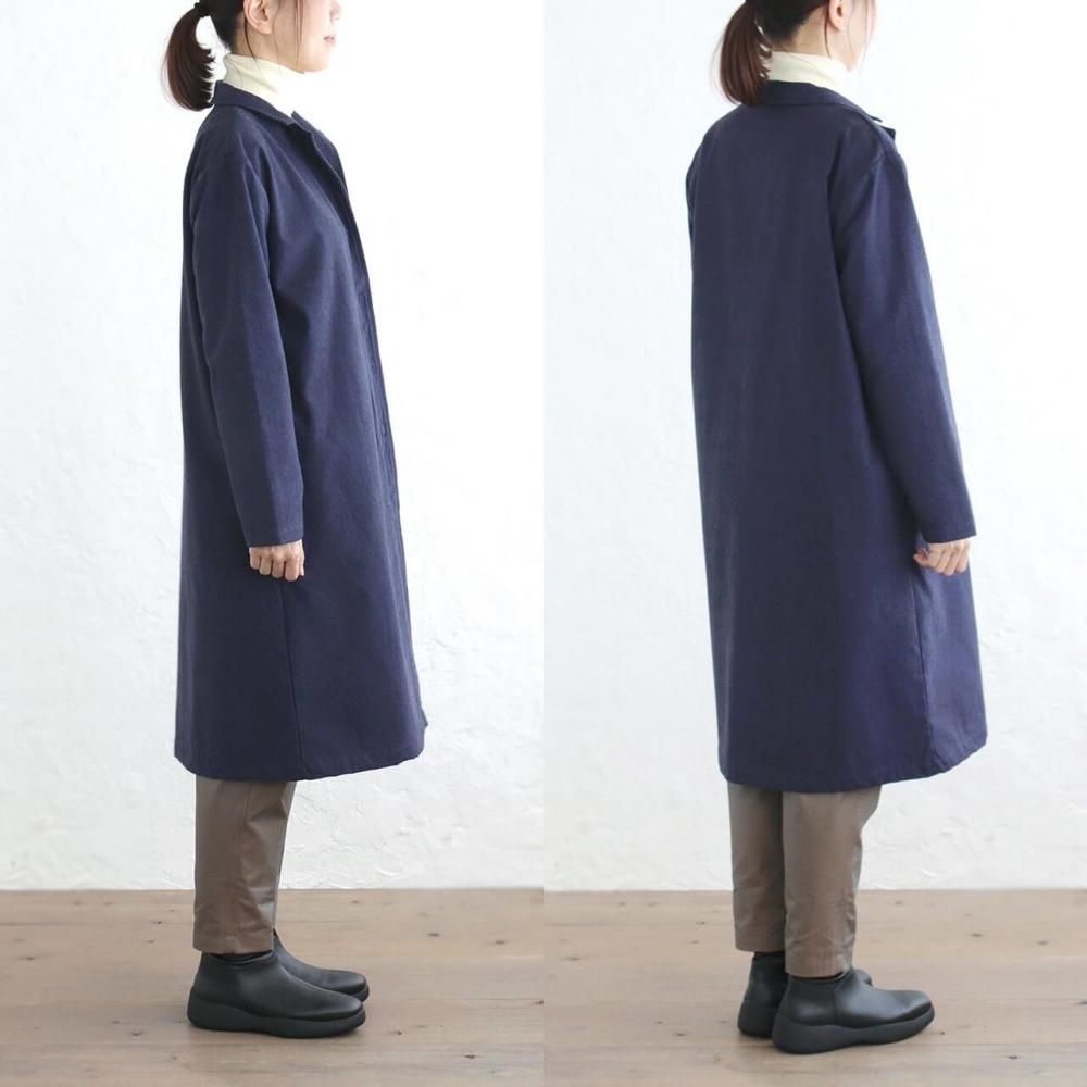 2枚仕立てのツイード風コットン ショップコート（ネイビー） | アジア