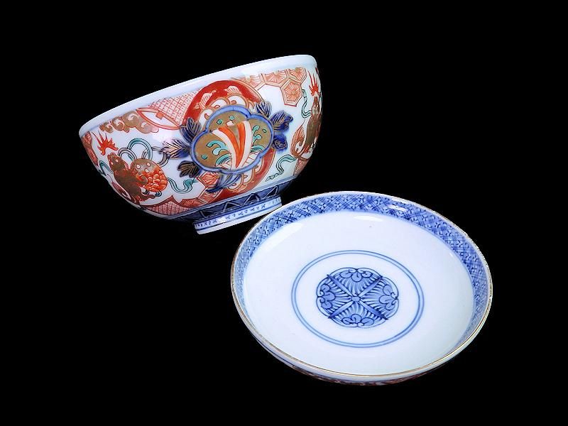 古伊万里 金襴手 双鶴に梅花の図 大振蓋茶碗 2客 D747AS-CHr 古伊万里